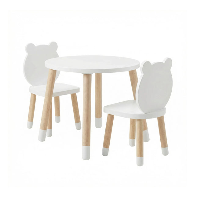 MESA CIRCULAR CON 2 SILLAS DE OSO COLOR BLANCO