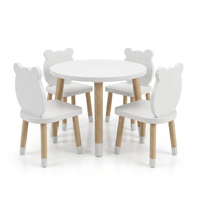 MESA CIRCULAR CON 4 SILLAS DE OSOS COLOR BLANCO