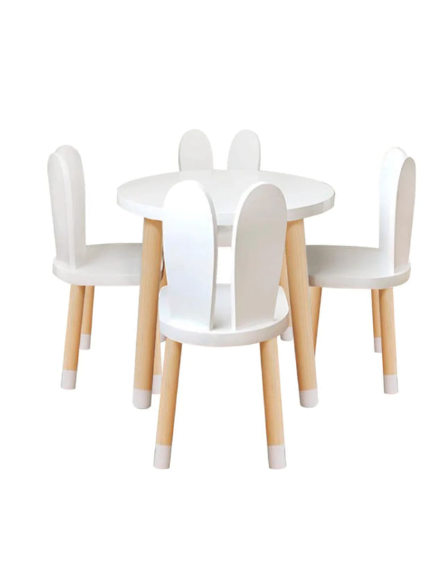 MESA CIRCULAR CON 4 SILLAS DE CONEJO COLOR BLANCO