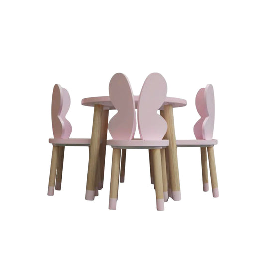 MESA CIRCULAR CON 4 SILLAS DE MARIPOSA COLOR ROSA PALO