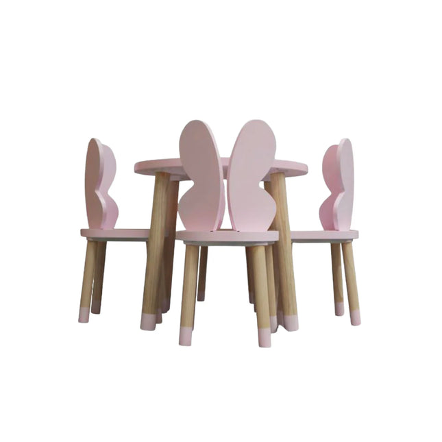 MESA CIRCULAR CON 4 SILLAS DE MARIPOSA COLOR ROSA PALO
