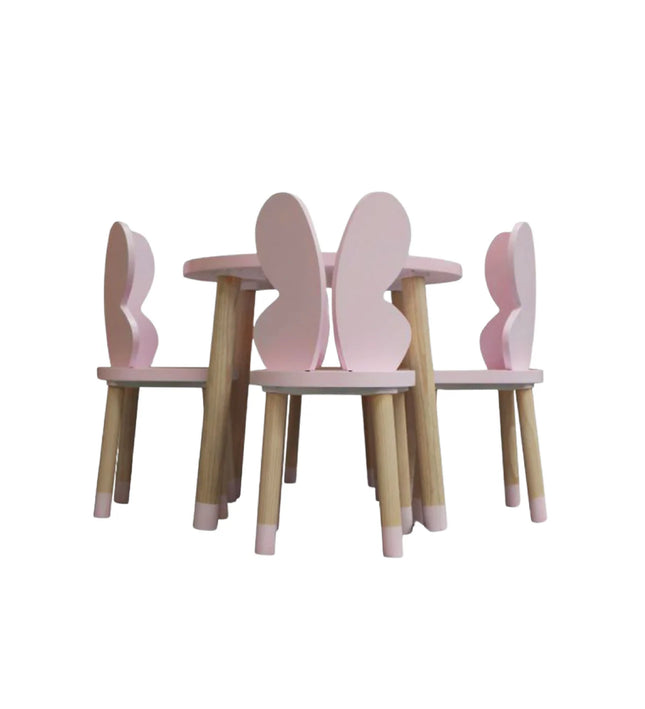 MESA CIRCULAR CON 4 SILLAS DE MARIPOSA COLOR ROSA PALO