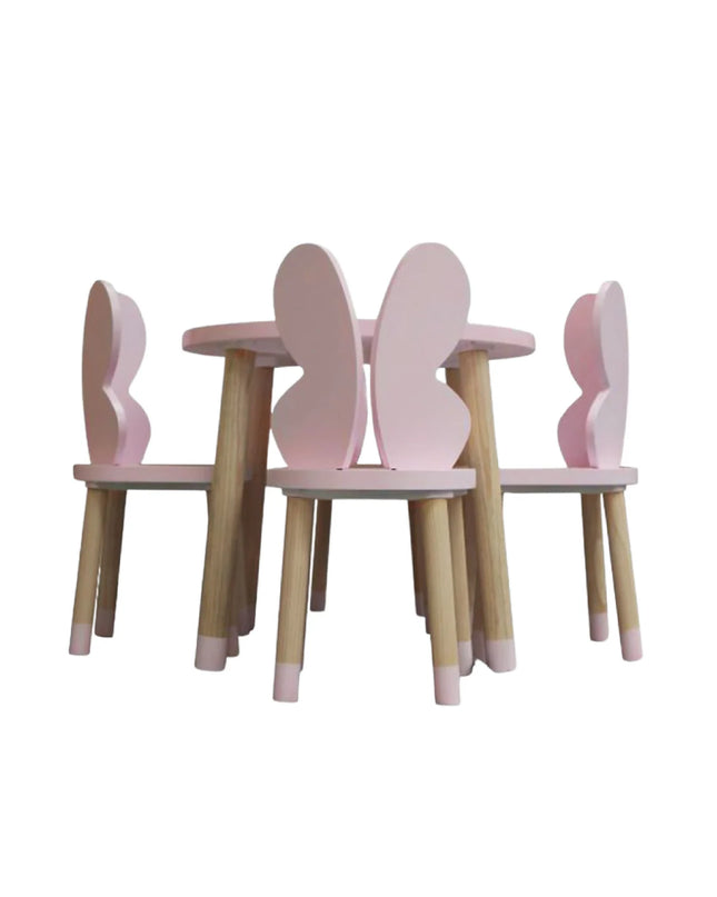 MESA CIRCULAR CON 4 SILLAS DE MARIPOSA COLOR ROSA PALO