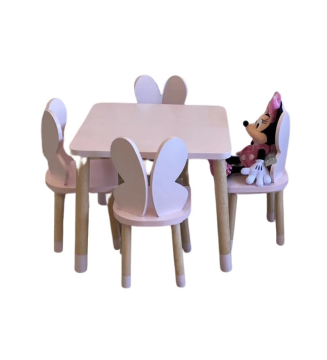 MESA CUADRADA CON 4 SILLAS DE MARIPOSA COLOR ROSA PALO