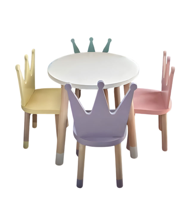 MESA CIRCULAR CON 4 SILLAS DE CORONA COLORES MIXTOS