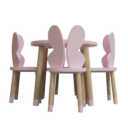 MESA CIRCULAR CON 4 SILLAS DE MARIPOSA COLOR ROSA PALO