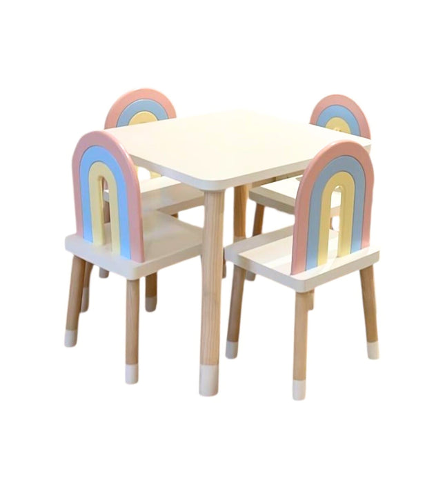 MESA CUADRADA BLANCA CON 4 SILLAS ARCOIRIS