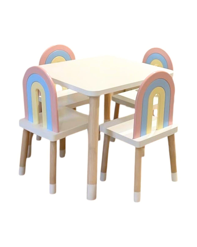 MESA CUADRADA BLANCA CON 4 SILLAS ARCOIRIS