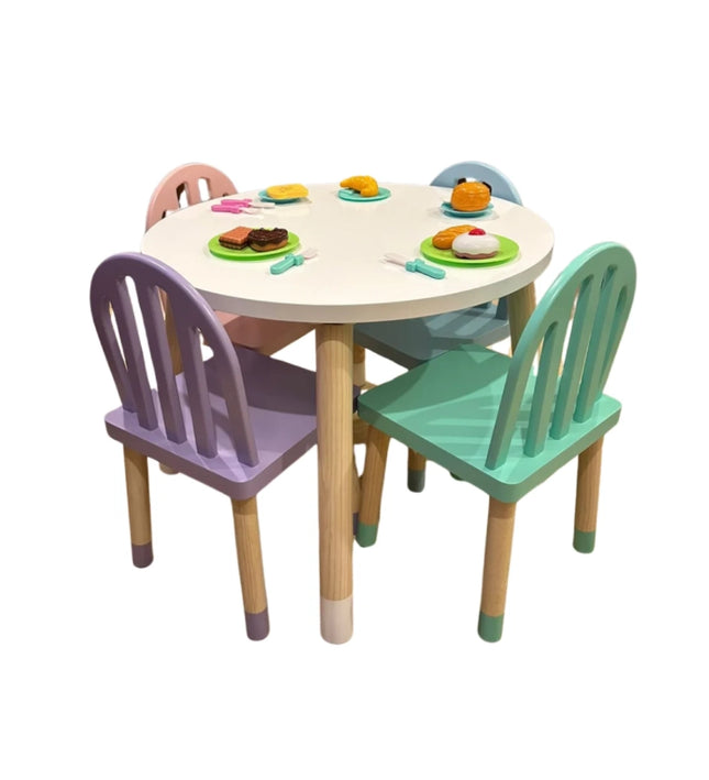 MESA CIRCULAR CON 4 SILLAS REJILLA COLORES MIXTOS