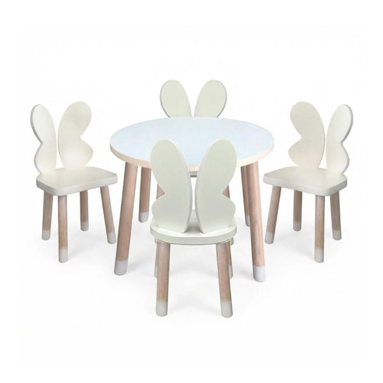 MESA CIRCULAR CON 4 SILLAS DE MARIPOSAS COLOR BLANCO